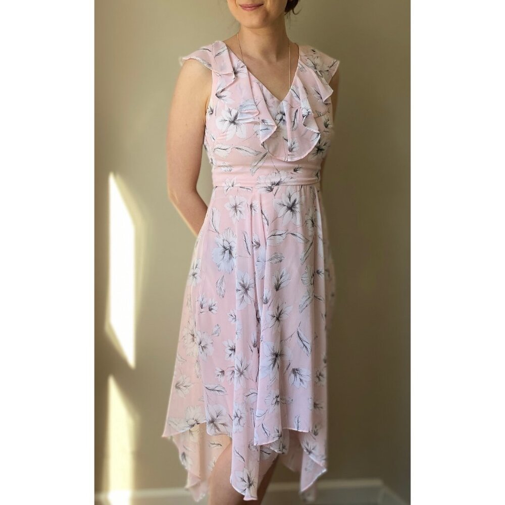 Kensie Pink Floral Print Ruffle Handkerchief-Hem V-Neck Dress